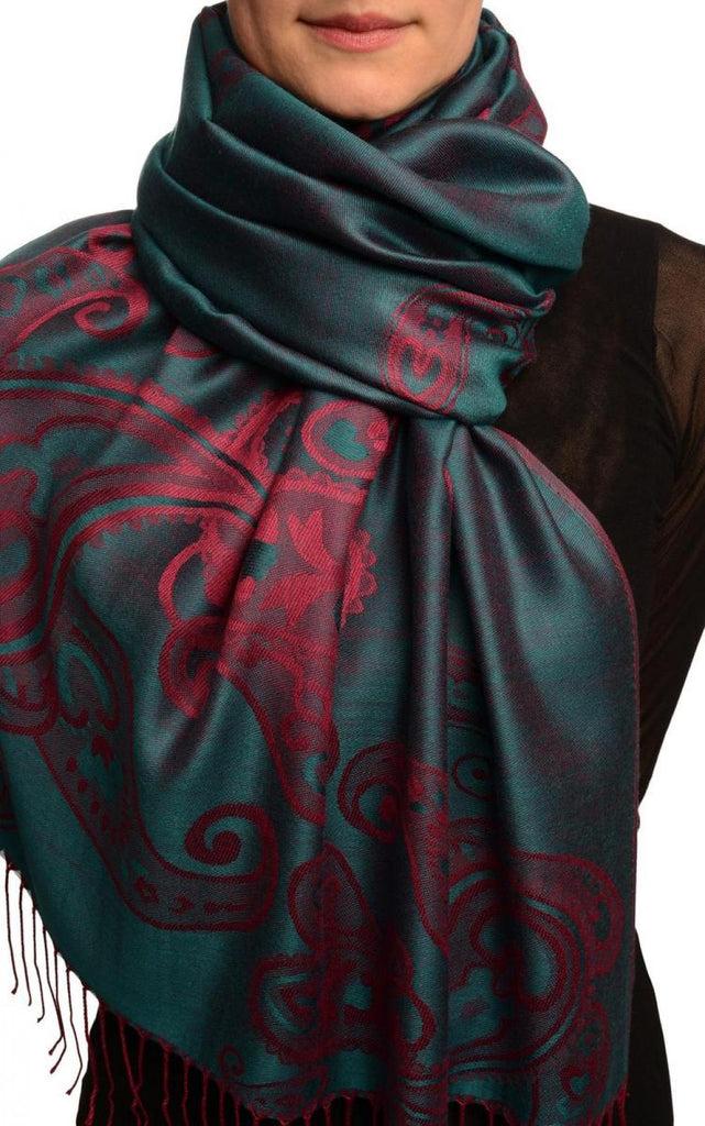 liss kiss Joined Red Paisleys On Teal Blue Pashmina Feel With Tassels - Scarf