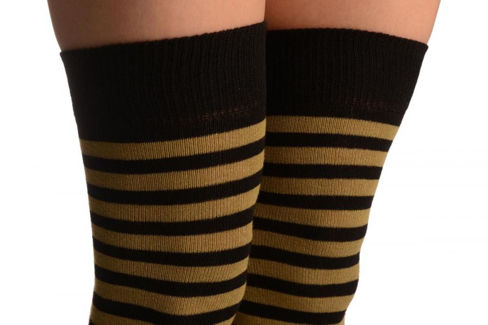 Liss Kiss Khaki Green & Black Stripes - Over The Knee Socks
