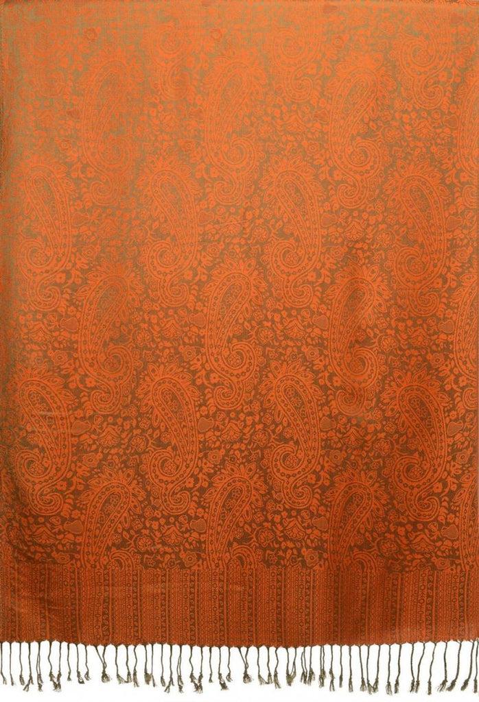 Liss Kiss Khaki Green & Orange Paisleys Pashmina Feel With Tassels - Scarf