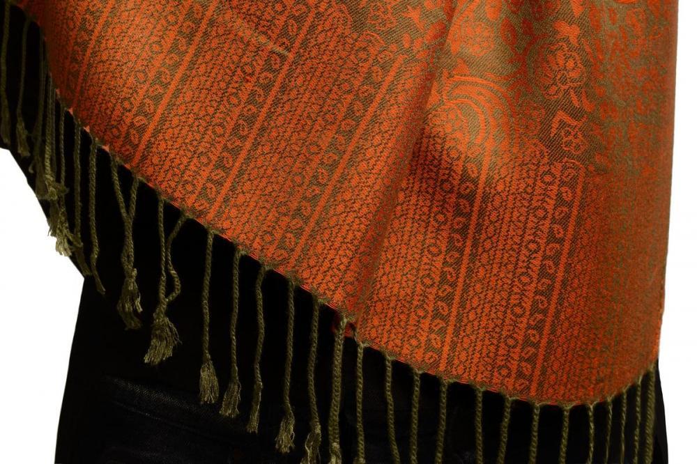 Liss Kiss Khaki Green & Orange Paisleys Pashmina Feel With Tassels - Scarf