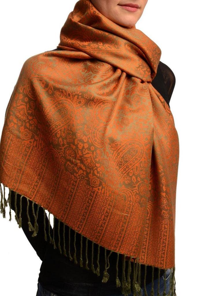 Liss Kiss Khaki Green & Orange Paisleys Pashmina Feel With Tassels - Scarf