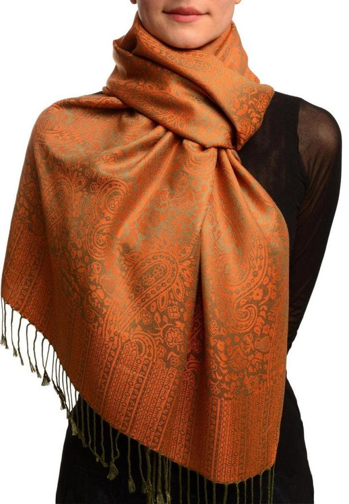 liss kiss Khaki Green & Orange Paisleys Pashmina Feel With Tassels - Scarf