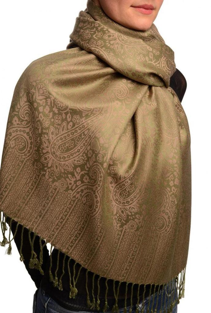 Liss Kiss Khaki Green & Violet Paisleys Pashmina Feel With Tassels - Scarf