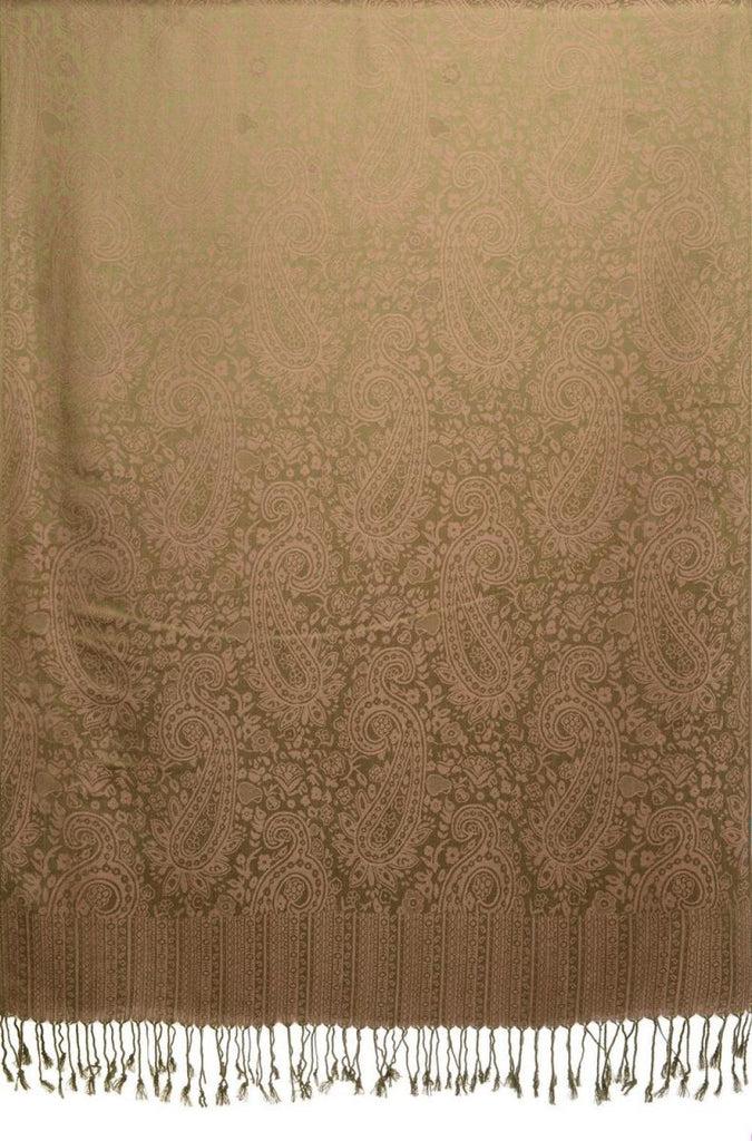 Liss Kiss Khaki Green & Violet Paisleys Pashmina Feel With Tassels - Scarf