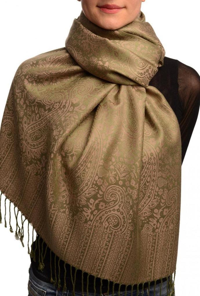 liss kiss Khaki Green & Violet Paisleys Pashmina Feel With Tassels - Scarf