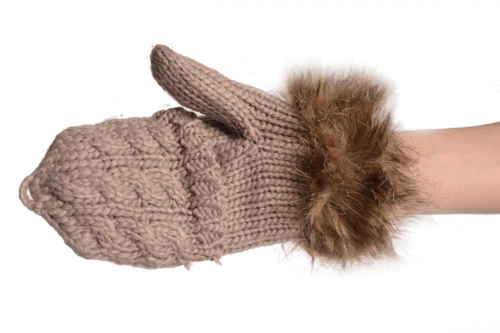 Liss Kiss Knitted Beige Grey Fingerless Flip Gloves With Faux Fur - Gloves
