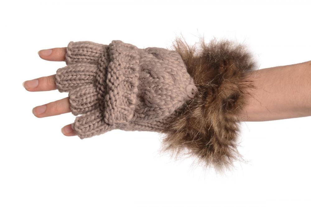 Liss Kiss Knitted Beige Grey Fingerless Flip Gloves With Faux Fur - Gloves