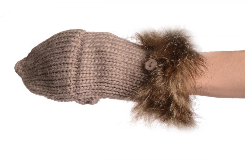 Liss Kiss Knitted Beige Grey Fingerless Flip Gloves With Faux Fur - Gloves