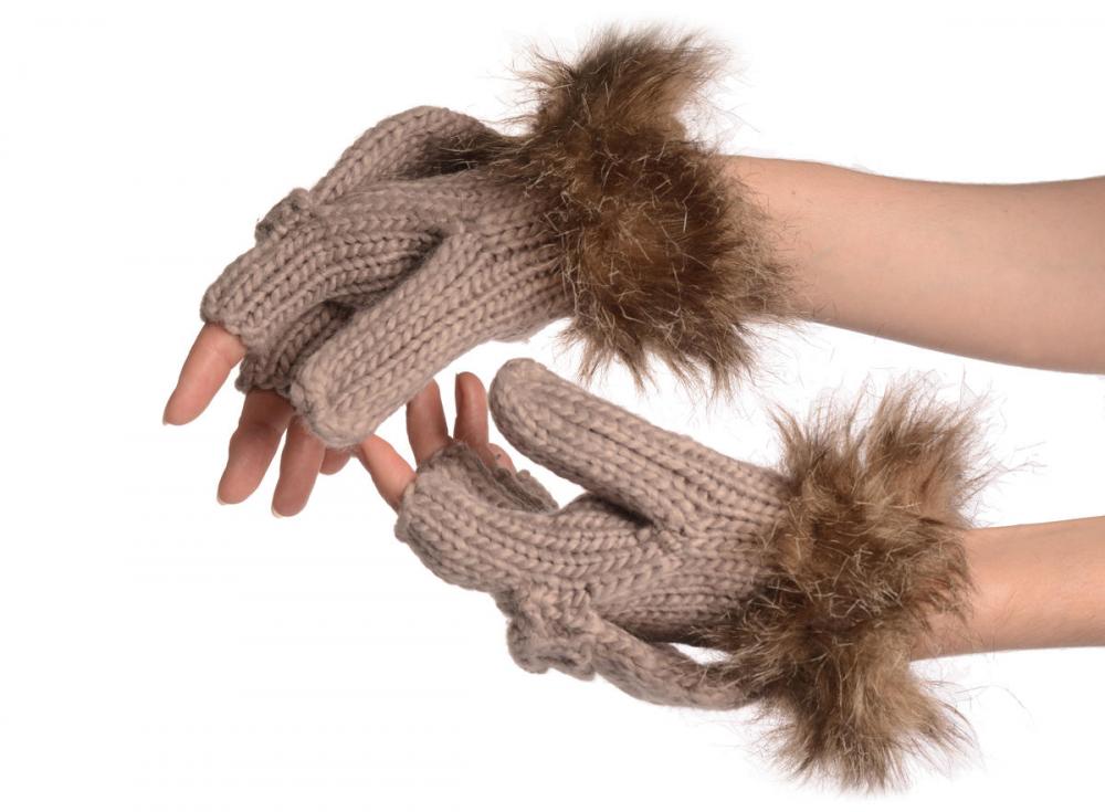 liss kiss Knitted Beige Grey Fingerless Flip Gloves With Faux Fur - Gloves