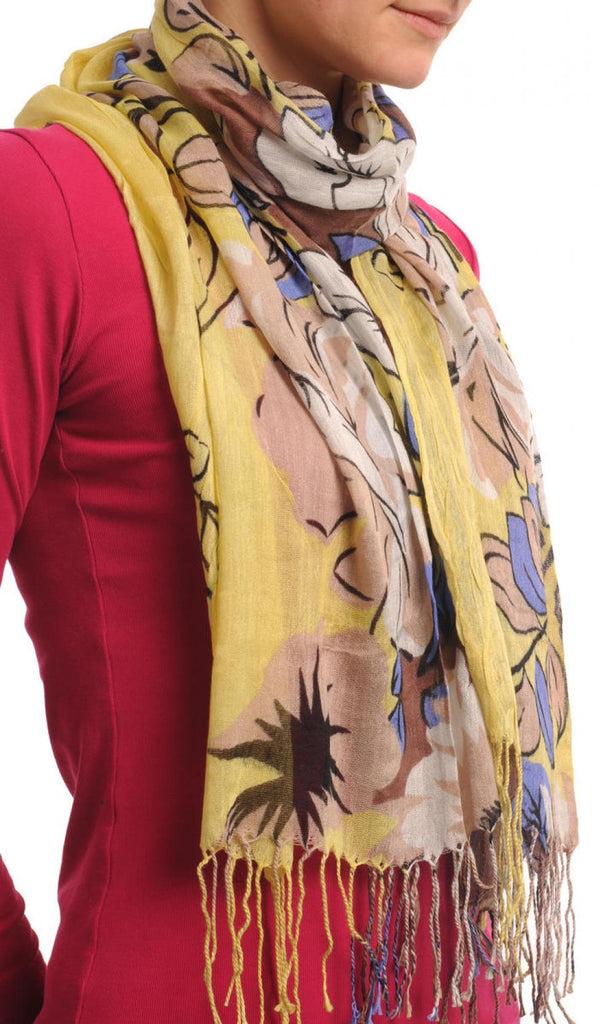 Liss Kiss Large Beige & Blue Roses And Sunflowers On Brown With Tassels - Scarf
