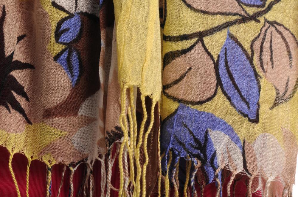 Liss Kiss Large Beige & Blue Roses And Sunflowers On Brown With Tassels - Scarf