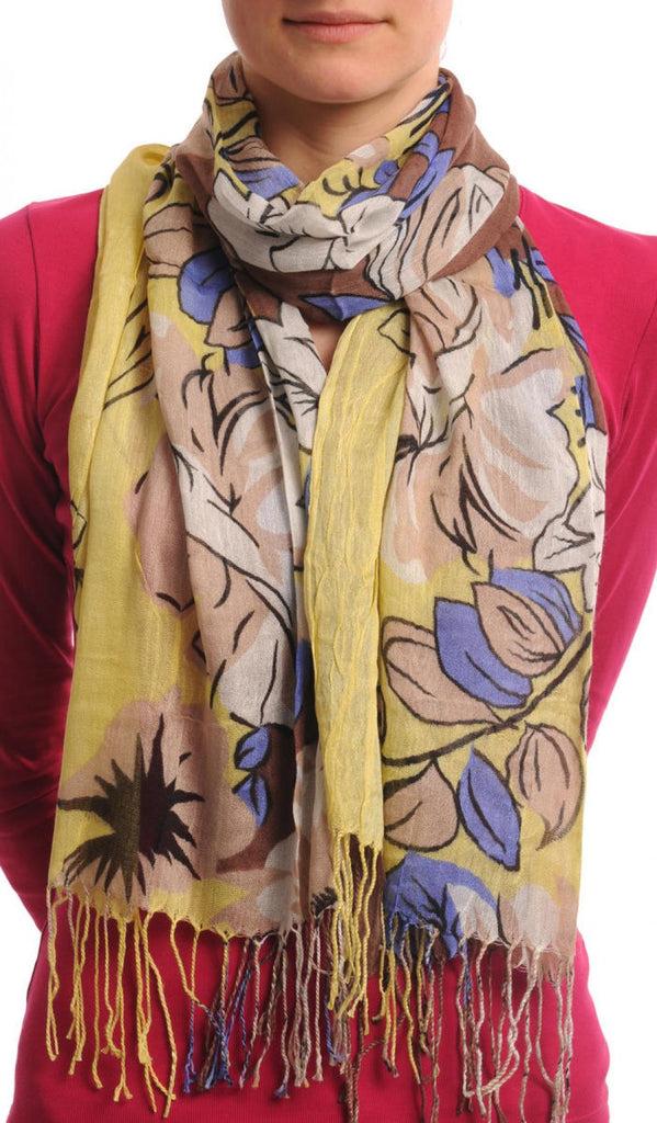 liss kiss Large Beige & Blue Roses And Sunflowers On Brown With Tassels - Scarf