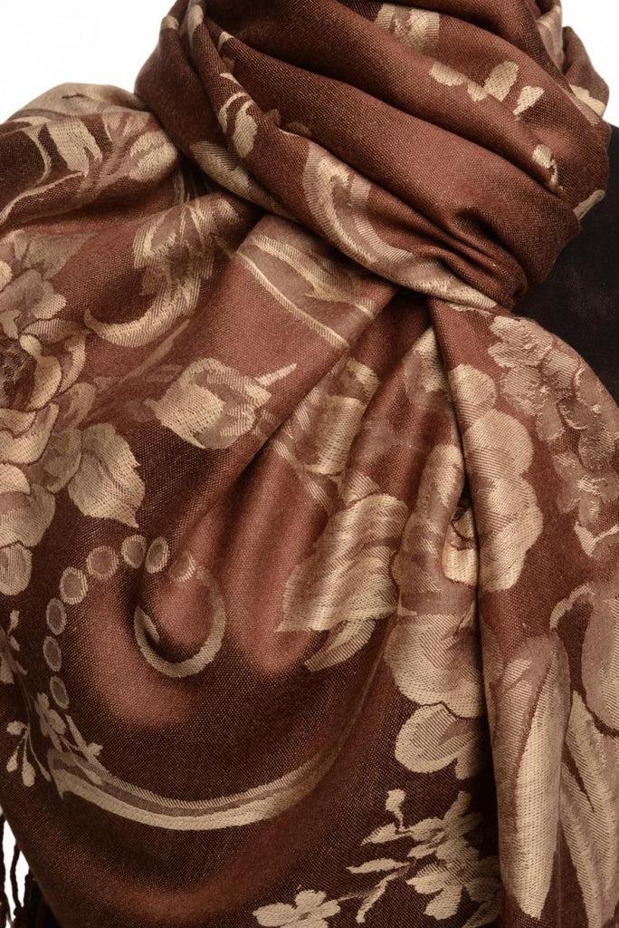Liss Kiss Large Beige Roses On Brown Pashmina With Tassels - Scarf