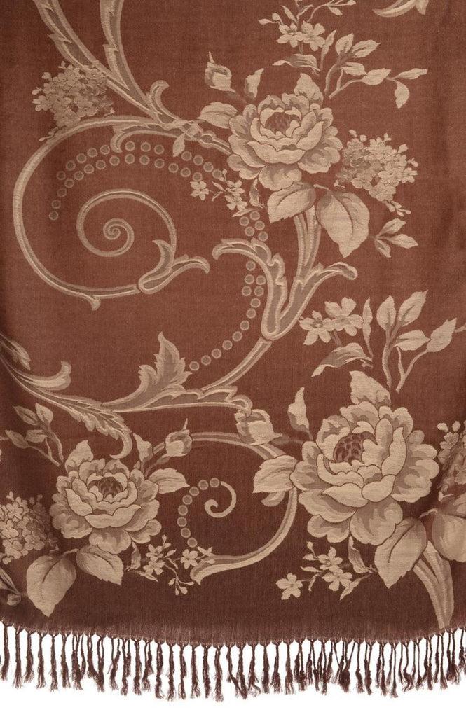 Liss Kiss Large Beige Roses On Brown Pashmina With Tassels - Scarf