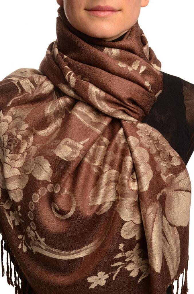 liss kiss Large Beige Roses On Brown Pashmina With Tassels - Scarf
