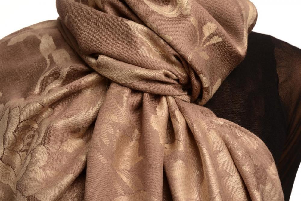 Liss Kiss Large Beige Roses On Mocha Pashmina With Tassels - Scarf