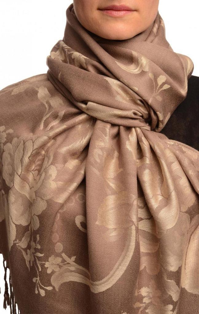 liss kiss Large Beige Roses On Mocha Pashmina With Tassels - Scarf