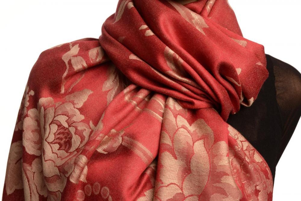 Liss Kiss Large Beige Roses On Red Pashmina With Tassels - Scarf
