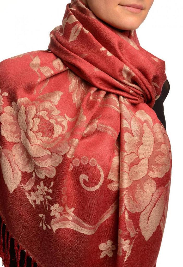 Liss Kiss Large Beige Roses On Red Pashmina With Tassels - Scarf