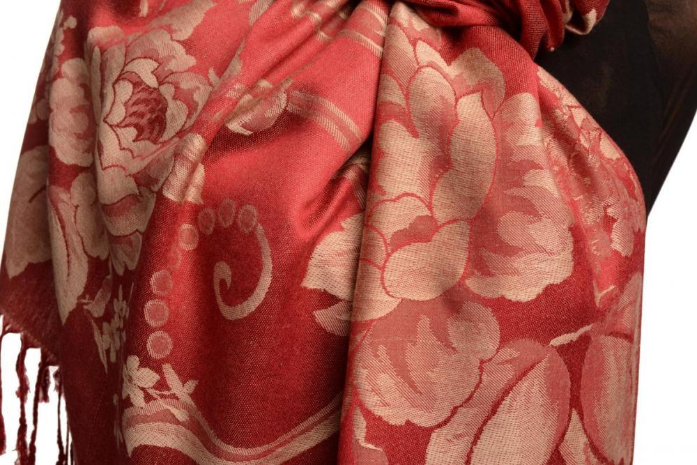 Liss Kiss Large Beige Roses On Red Pashmina With Tassels - Scarf