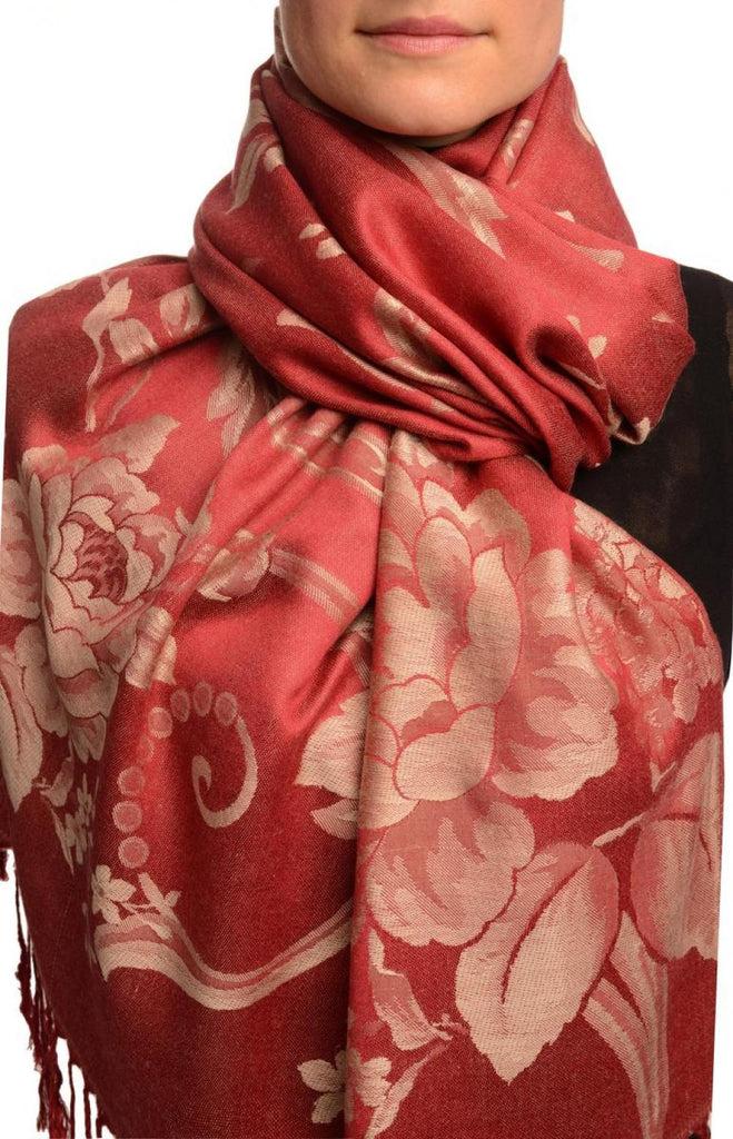 liss kiss Large Beige Roses On Red Pashmina With Tassels - Scarf
