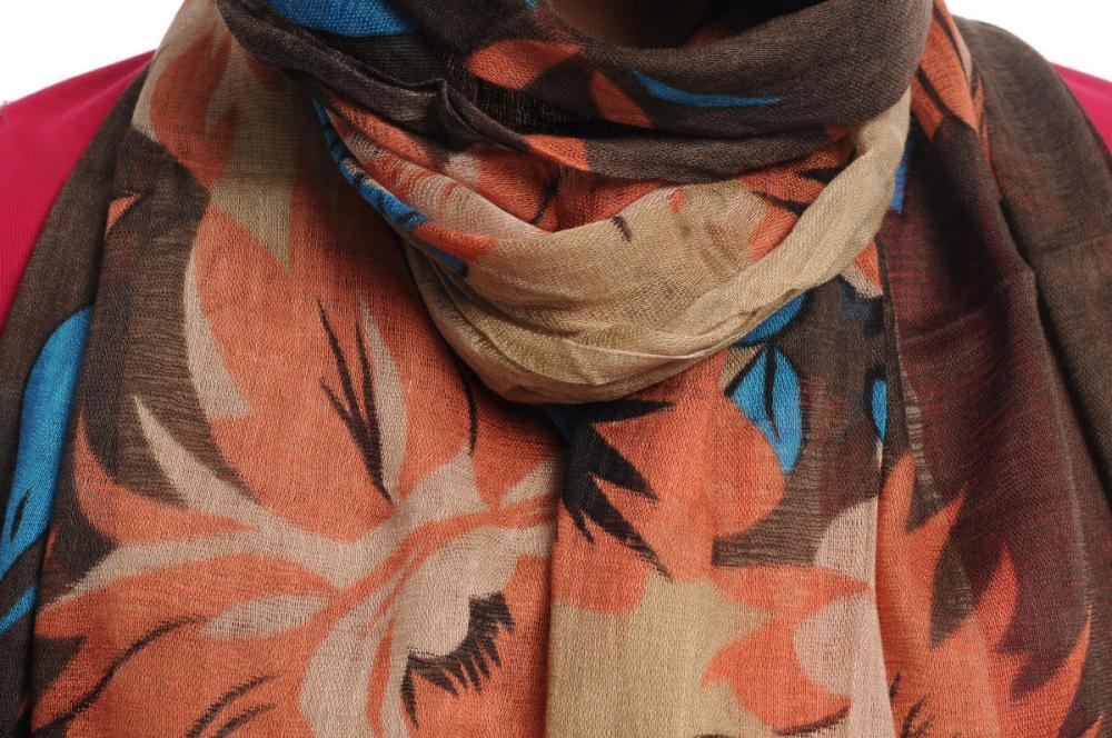 Liss Kiss Large Beige & Rust Roses And Sunflowers On Coffee Brown With Tassels - Scarf