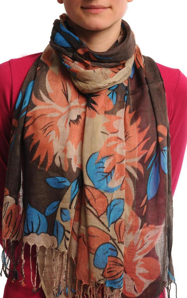 liss kiss Large Beige & Rust Roses And Sunflowers On Coffee Brown With Tassels - Scarf