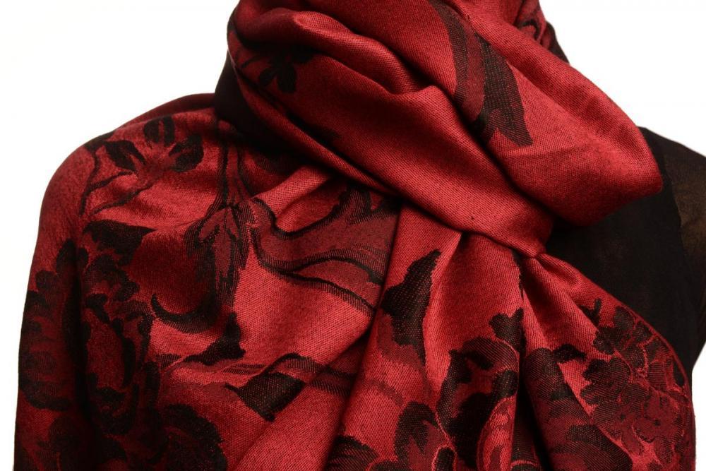 Liss Kiss Large Black Roses On Burgundy Red Pashmina With Tassels - Scarf