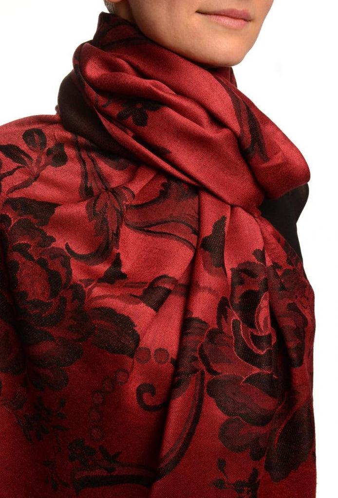 Liss Kiss Large Black Roses On Burgundy Red Pashmina With Tassels - Scarf