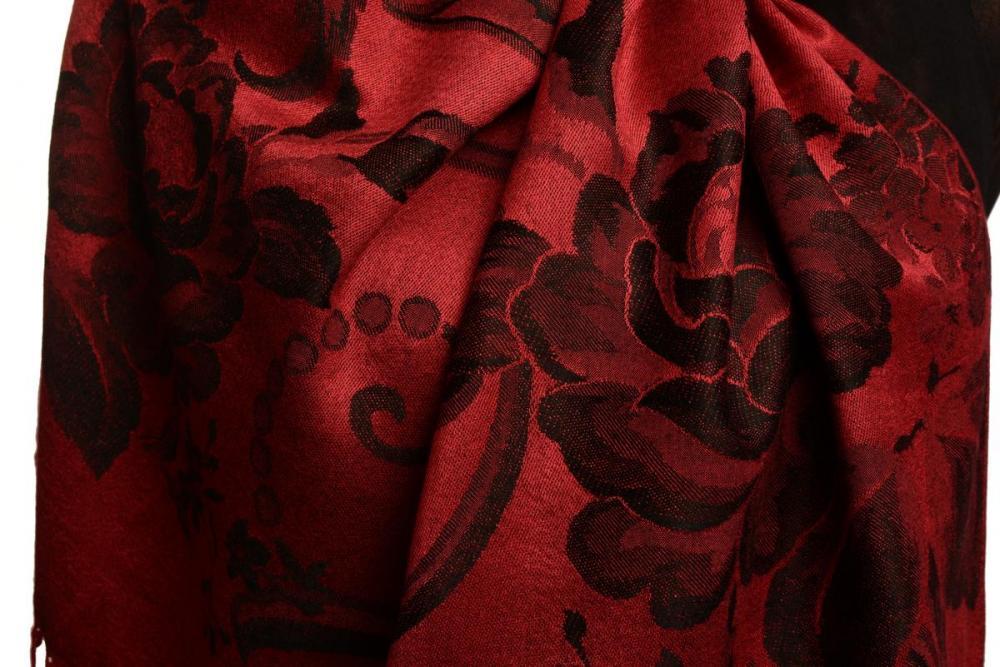 Liss Kiss Large Black Roses On Burgundy Red Pashmina With Tassels - Scarf