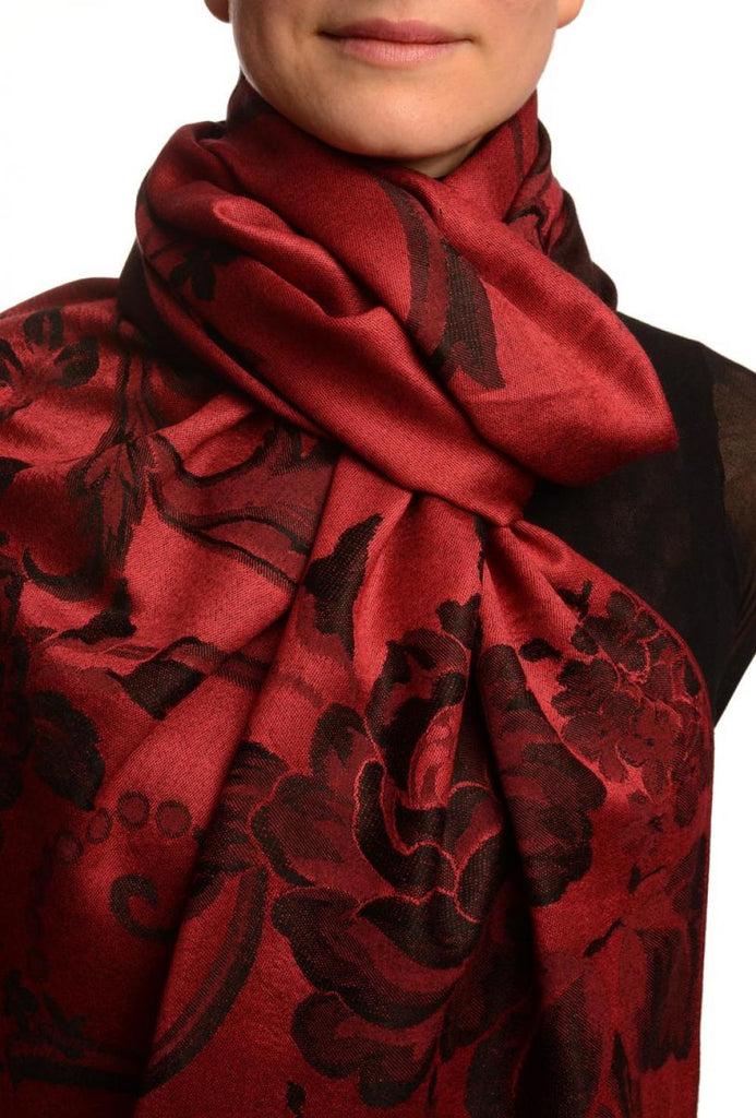 liss kiss Large Black Roses On Burgundy Red Pashmina With Tassels - Scarf