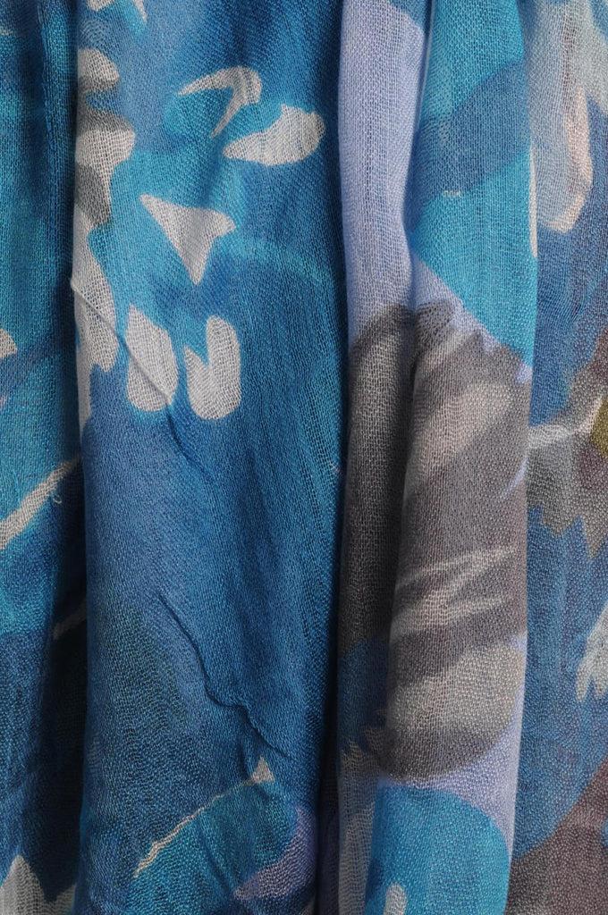 Liss Kiss Large Blue & Grey Flowers With Tassels On Blue - Scarf