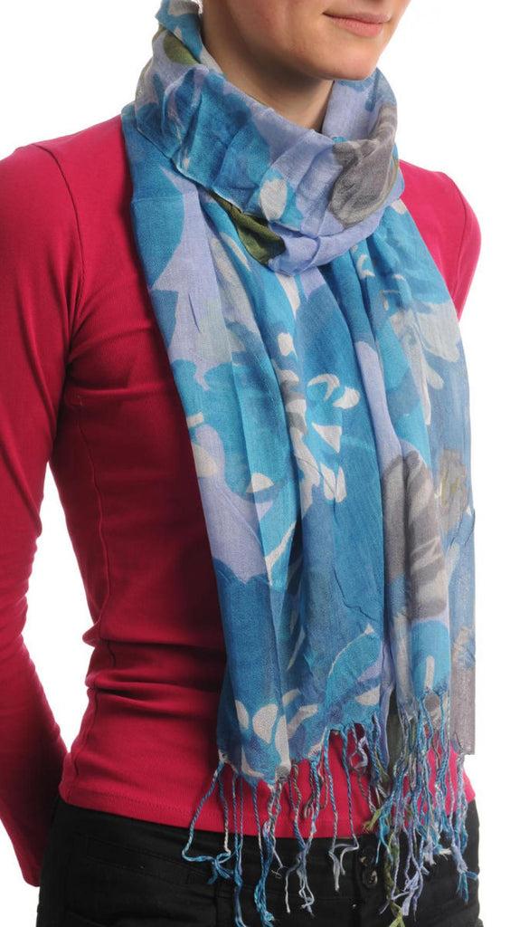 Liss Kiss Large Blue & Grey Flowers With Tassels On Blue - Scarf