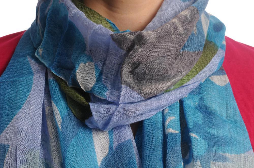 Liss Kiss Large Blue & Grey Flowers With Tassels On Blue - Scarf