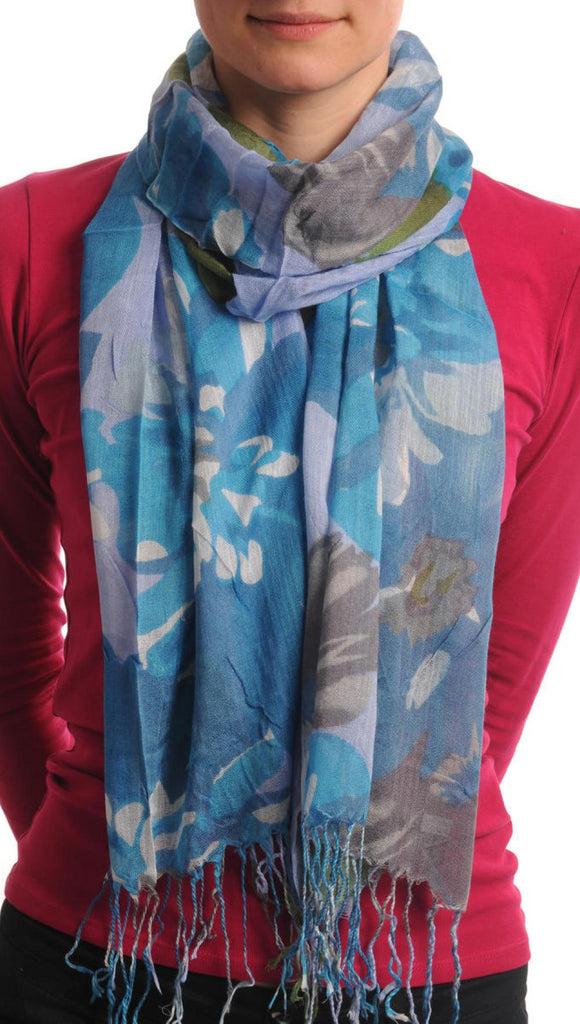 liss kiss Large Blue & Grey Flowers With Tassels On Blue - Scarf