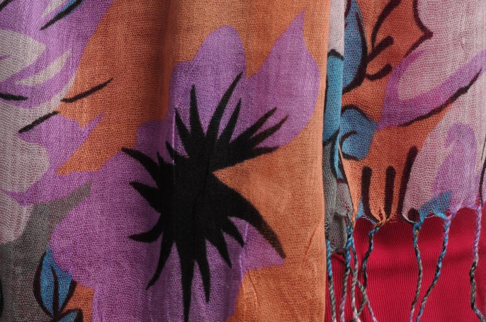 Liss Kiss Large Blue & Purple Roses And Sunflowers On Sandy Brown With Tassels - Scarf