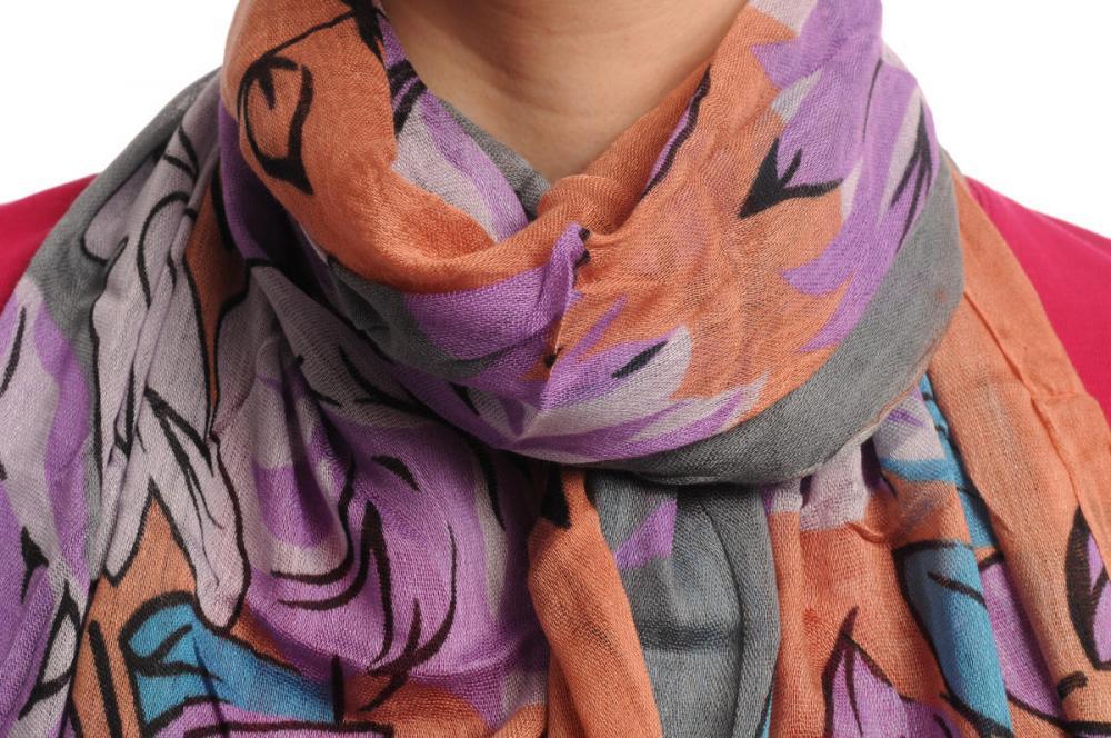 Liss Kiss Large Blue & Purple Roses And Sunflowers On Sandy Brown With Tassels - Scarf