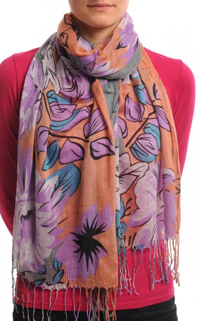 liss kiss Large Blue & Purple Roses And Sunflowers On Sandy Brown With Tassels - Scarf