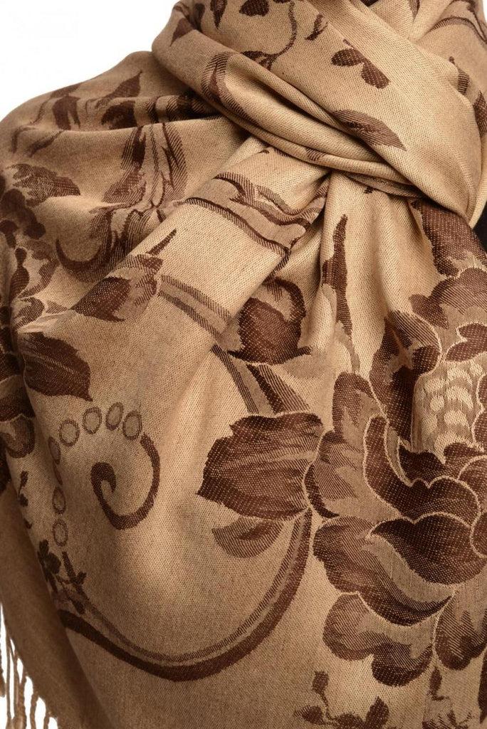 Liss Kiss Large Brown Roses On Beige Pashmina With Tassels - Scarf