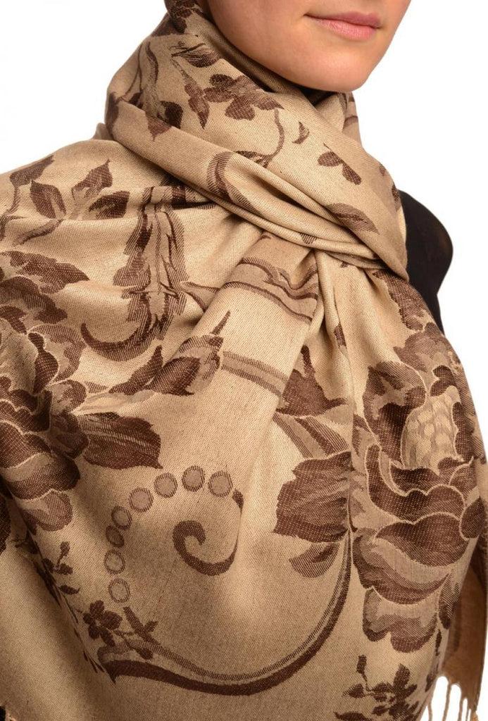 Liss Kiss Large Brown Roses On Beige Pashmina With Tassels - Scarf