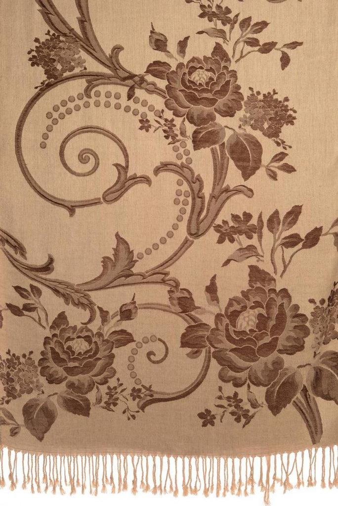 Liss Kiss Large Brown Roses On Beige Pashmina With Tassels - Scarf