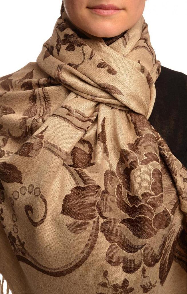 liss kiss Large Brown Roses On Beige Pashmina With Tassels - Scarf