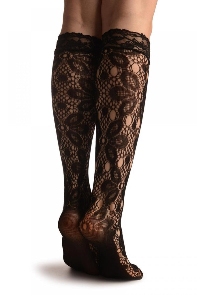 Liss Kiss Large Camomile Flowers Black Lace Knee High Socks - Socks