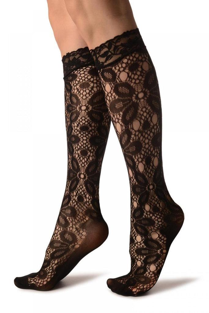 Liss Kiss Large Camomile Flowers Black Lace Knee High Socks - Socks
