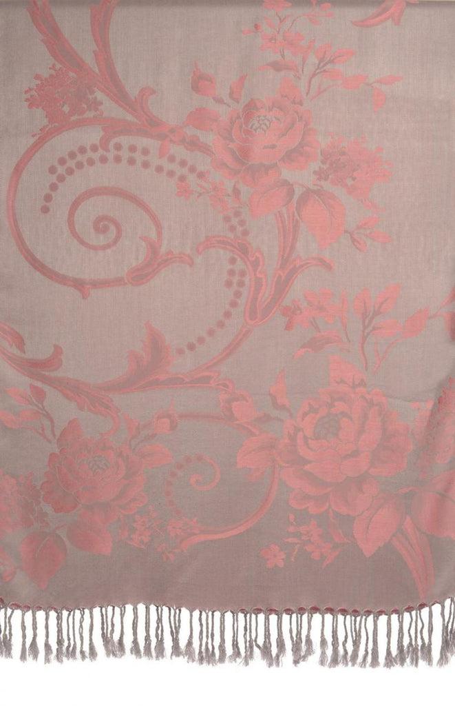 Liss Kiss Large Chestnut Pink Roses On Light Grey Pashmina With Tassels - Scarf