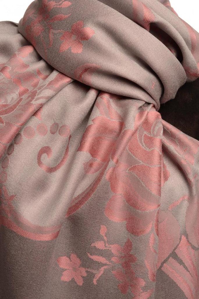 Liss Kiss Large Chestnut Pink Roses On Light Grey Pashmina With Tassels - Scarf