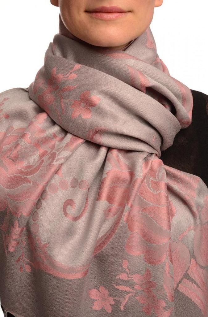 liss kiss Large Chestnut Pink Roses On Light Grey Pashmina With Tassels - Scarf