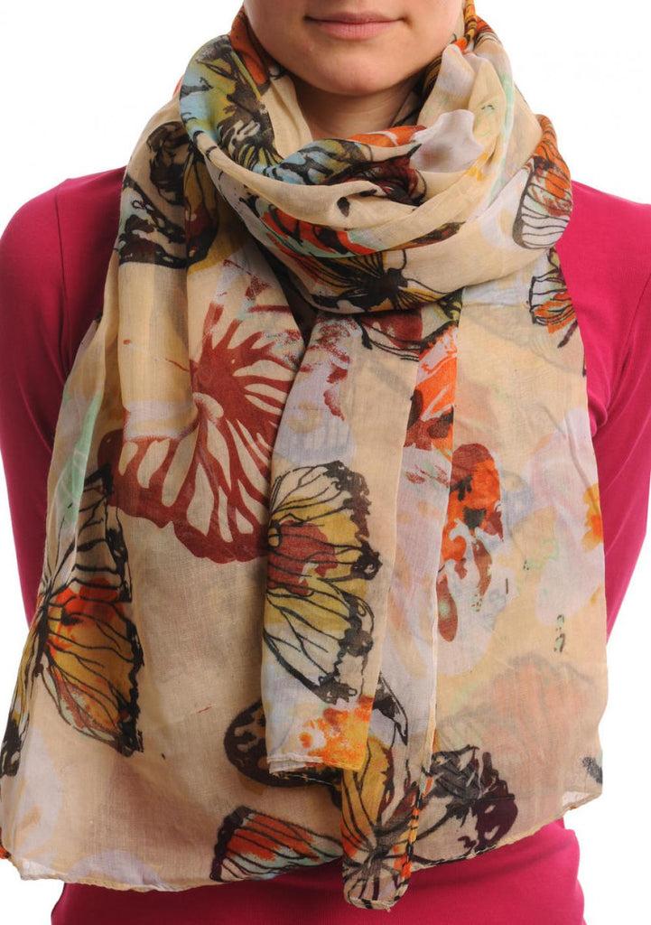 Liss Kiss Large Colourful Butterflies On Light Beige Unisex Scarf & Beach Sarong - Scarf