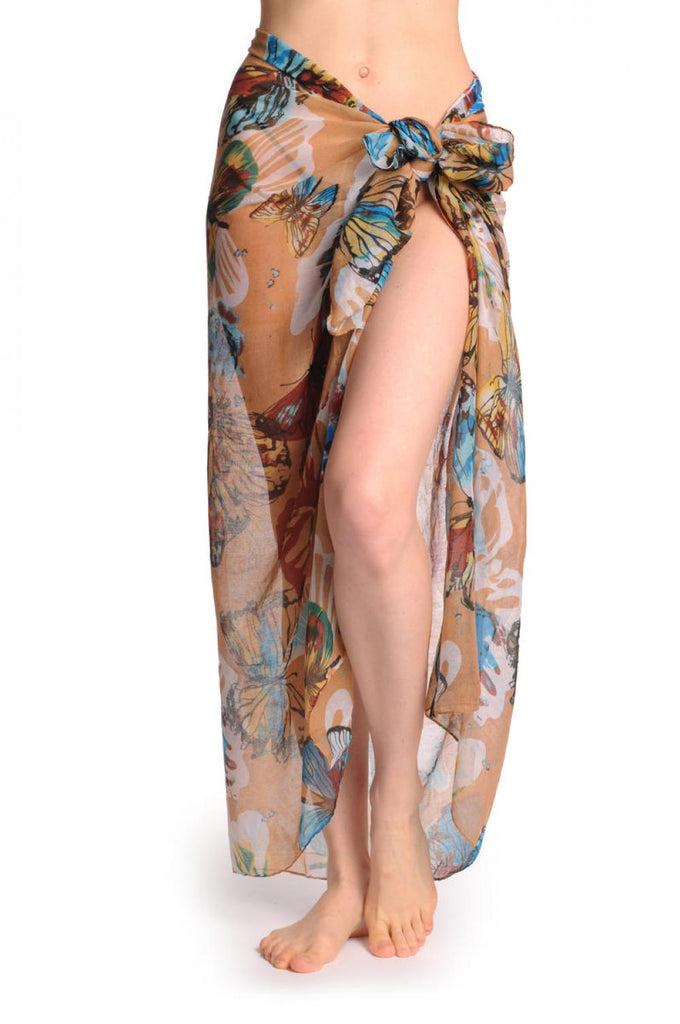 liss kiss Large Colourful Butterflies On Mocha Unisex Scarf & Beach Sarong - Scarf