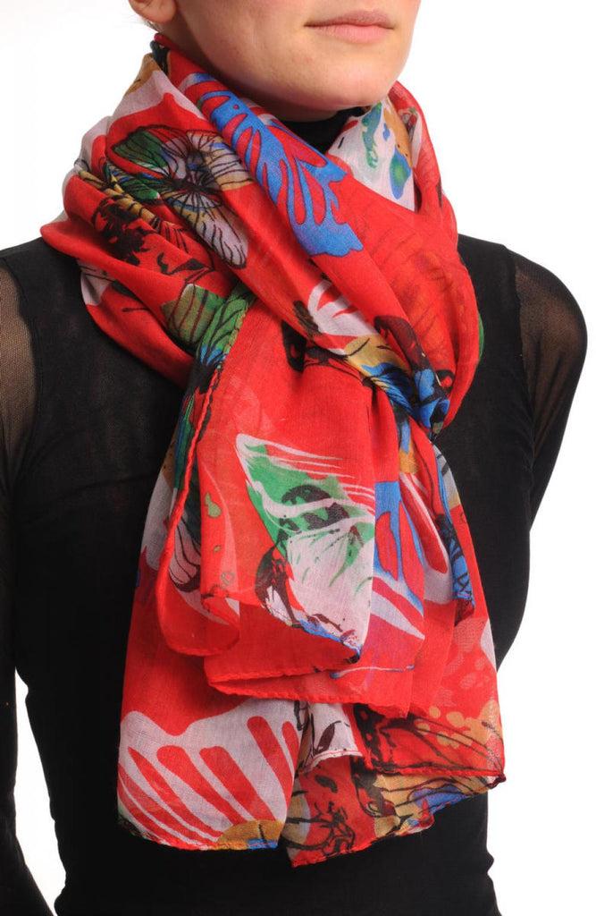 Liss Kiss Large Colourful Butterflies On Red Unisex Scarf & Beach Sarong - Scarf